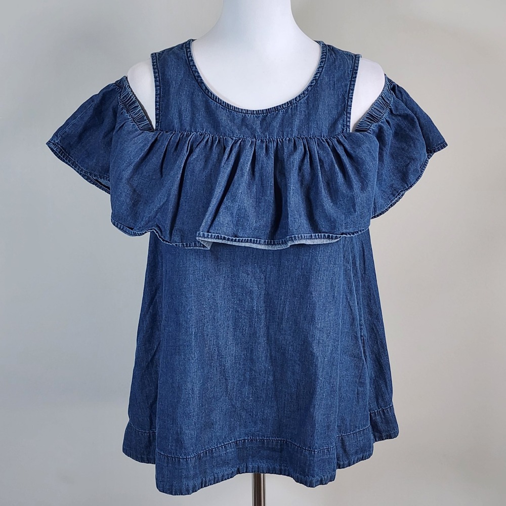 Vero Moda Ruffle Top Womens Large Blue Denim Cold Shoulder Boho Prairie Cottage
